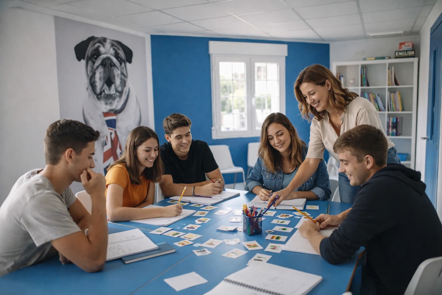 Estudiantes con perro en aula moderna