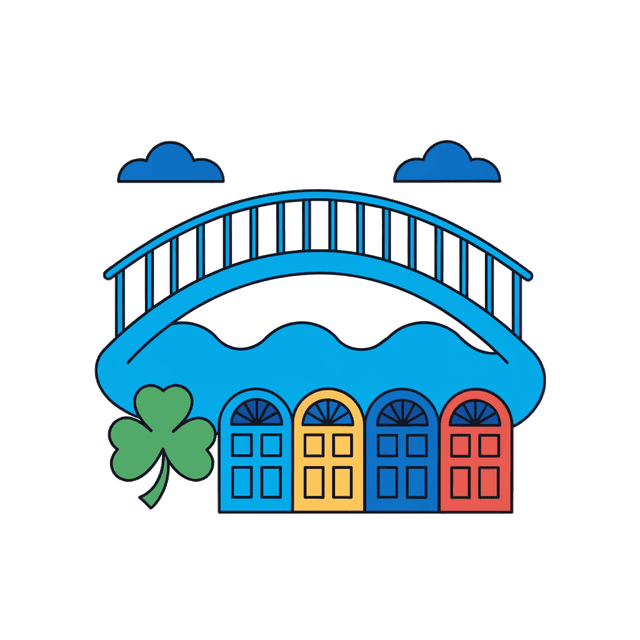 Ilustración de un puente de hierro sobre el río, puertas georgianas de colores y un trébol