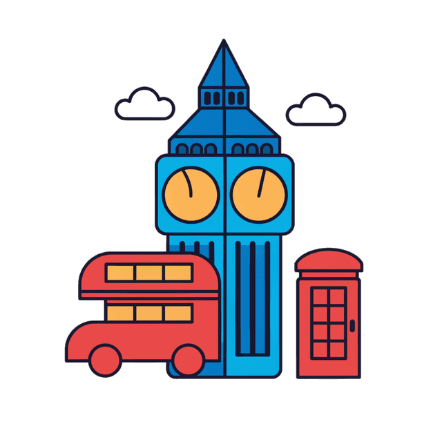 Ilustración del Big Ben, un autobús de dos pisos y una cabina telefónica de Londres