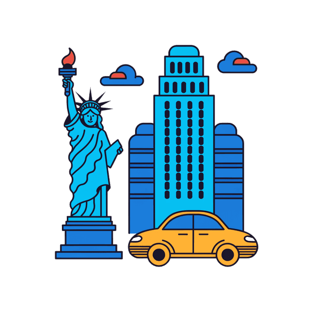 Ilustración de la Estatua de la Libertad, rascacielos y un taxi amarillo