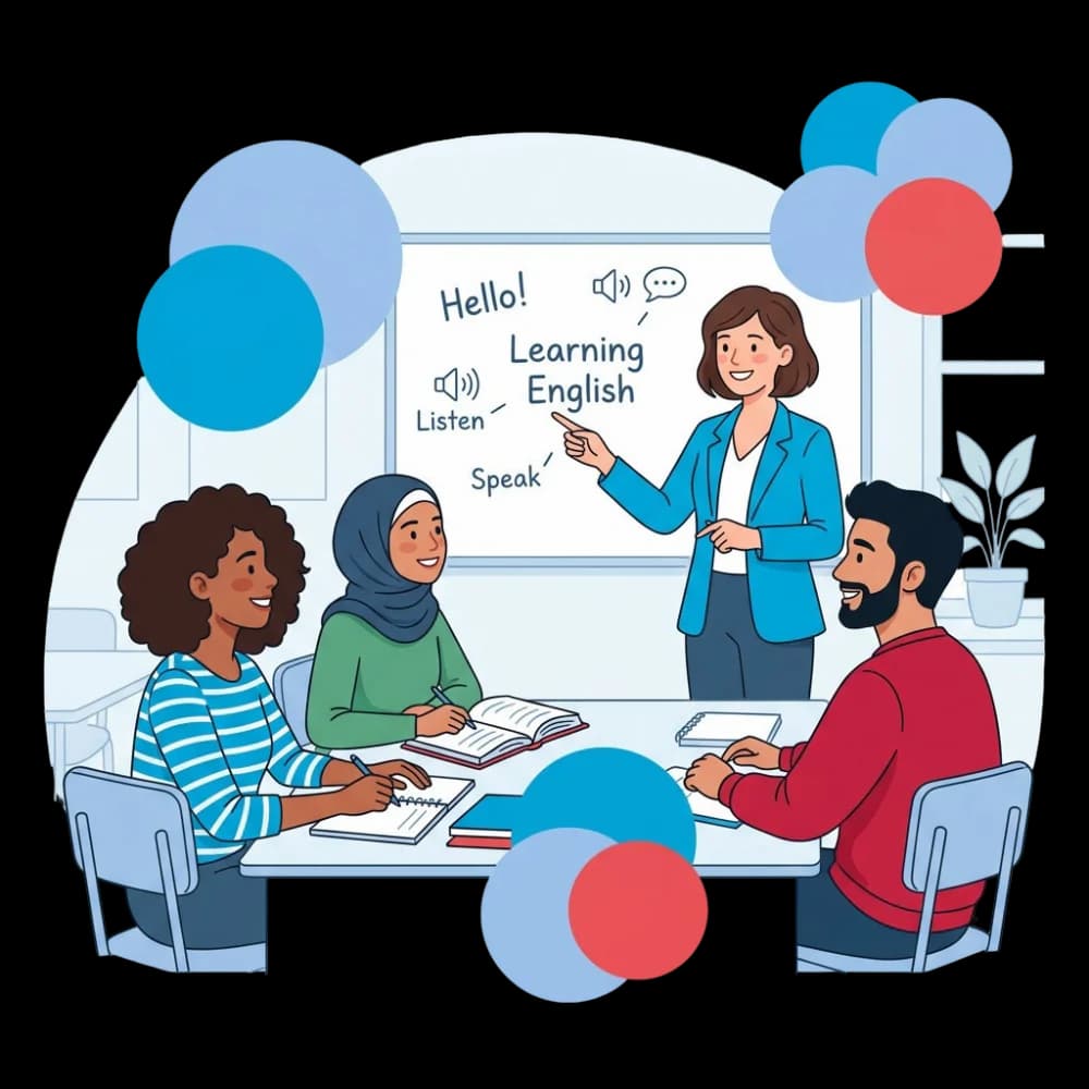 Profesora enseñando inglés a un grupo reducido de alumnos en Discuss Idiomas