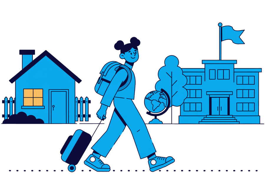 Estudiante con mochila y maleta caminando desde una casa de familia hasta un instituto