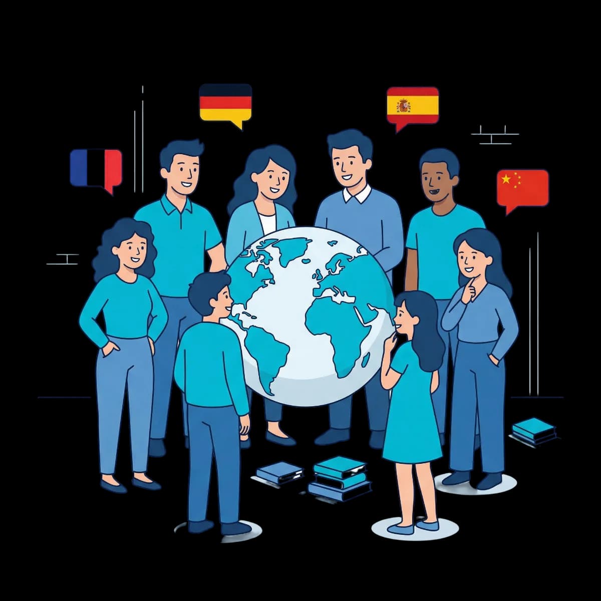 Grupo de alumnos aprendiendo inglés, francés, alemán y chino en Discuss Idiomas Almoradí